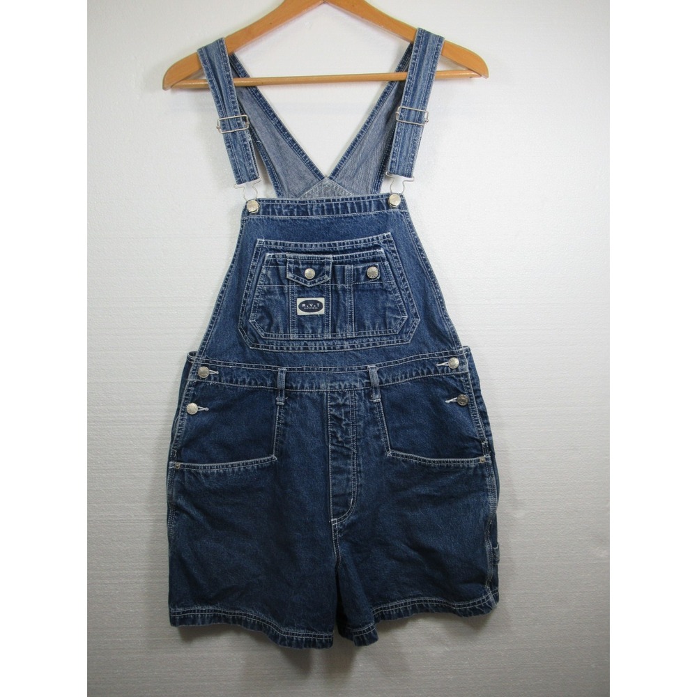 Vintage 90s RVT Shortalls Women Large Denim Bib Shorts Overalls 100% Cotton